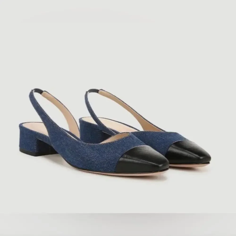 New Veronica Beard Cecile Denim Cap Toe Slingback Pumps Women 8.5 Black Blue